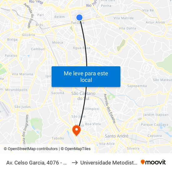 Av. Celso Garcia, 4076 - Parada Biblioteca 1/2/3 - Tatuapé, São Paulo to Universidade Metodista de São Paulo (Campus Rudge Ramos ) map