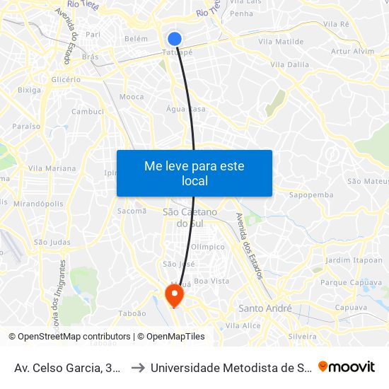 Av. Celso Garcia, 3752 - Tatuapé, São Paulo to Universidade Metodista de São Paulo (Campus Rudge Ramos ) map