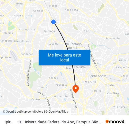 Ipiranga to Universidade Federal do Abc, Campus São Bernardo do Campo map