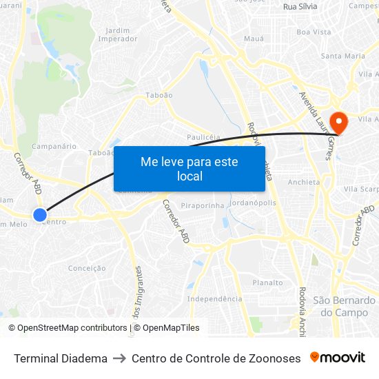 Terminal Diadema to Centro de Controle de Zoonoses map