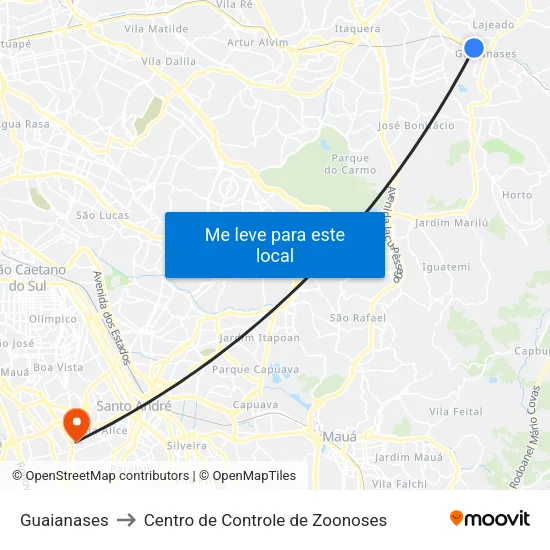 Guaianases to Centro de Controle de Zoonoses map