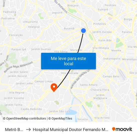 Metrô Butantã to Hospital Municipal Doutor Fernando Mauro Pires da Rocha map