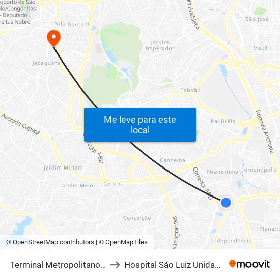 Terminal Metropolitano Piraporinha to Hospital São Luiz Unidade Jabaquara map