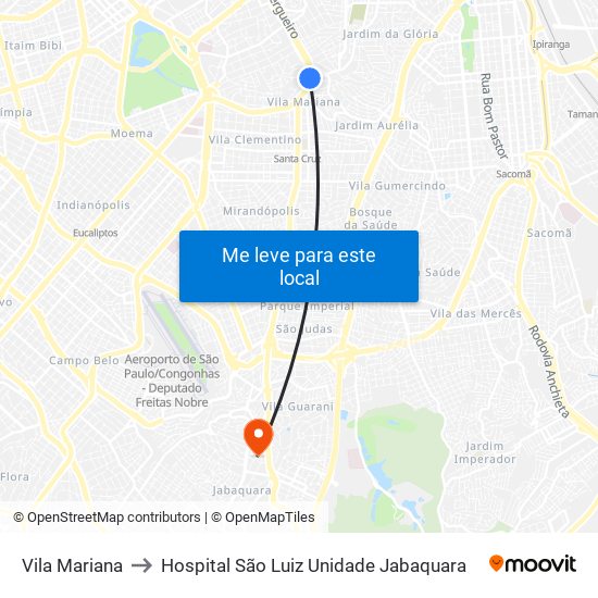 Vila Mariana to Hospital São Luiz Unidade Jabaquara map