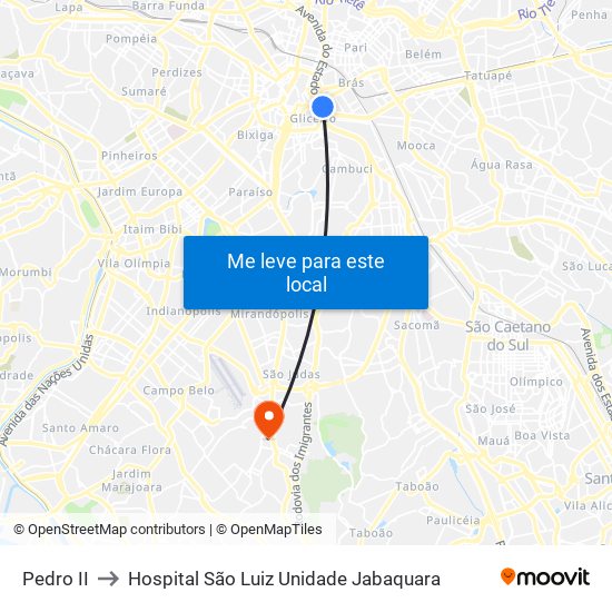 Pedro II to Hospital São Luiz Unidade Jabaquara map