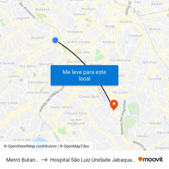 Metrô Butantã to Hospital São Luiz Unidade Jabaquara map