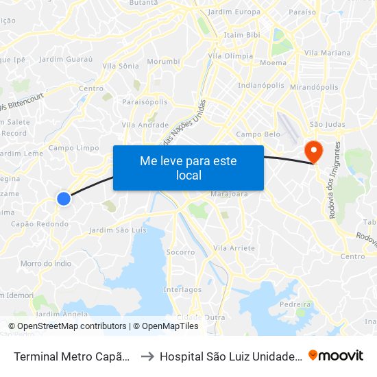 Terminal Metro Capão Redondo to Hospital São Luiz Unidade Jabaquara map