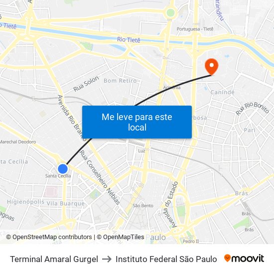 Terminal Amaral Gurgel to Instituto Federal São Paulo map