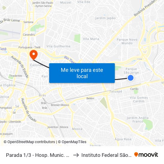 Parada 1/3 - Hosp. Munic. Tatuapé to Instituto Federal São Paulo map