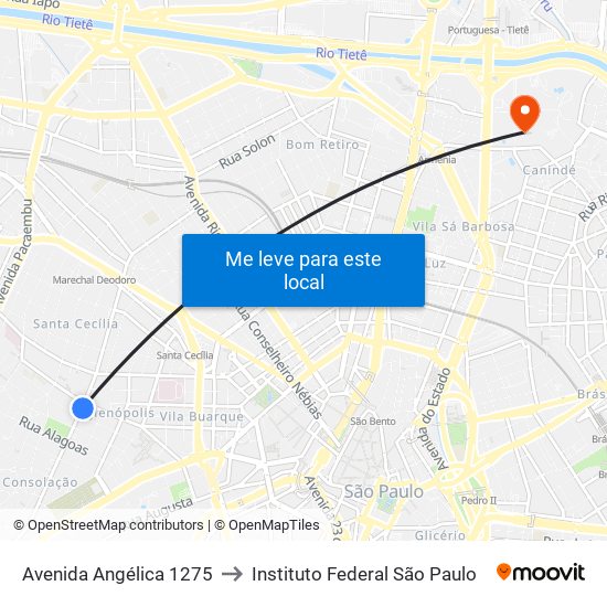 Avenida Angélica 1275 to Instituto Federal São Paulo map