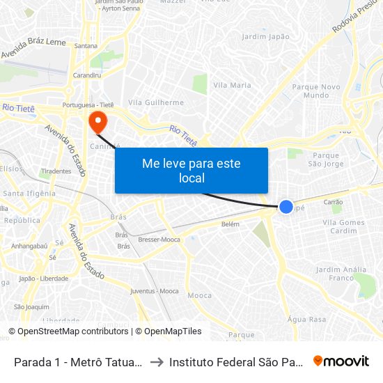 Parada 1 - Metrô Tatuapé to Instituto Federal São Paulo map
