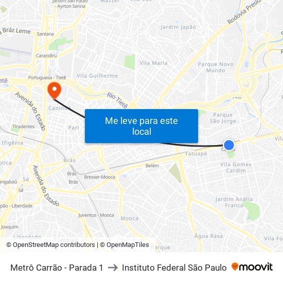 Metrô Carrão - Parada 1 to Instituto Federal São Paulo map