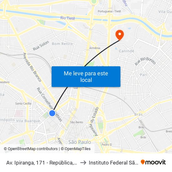 Av. Ipiranga, 171 - República, São Paulo to Instituto Federal São Paulo map