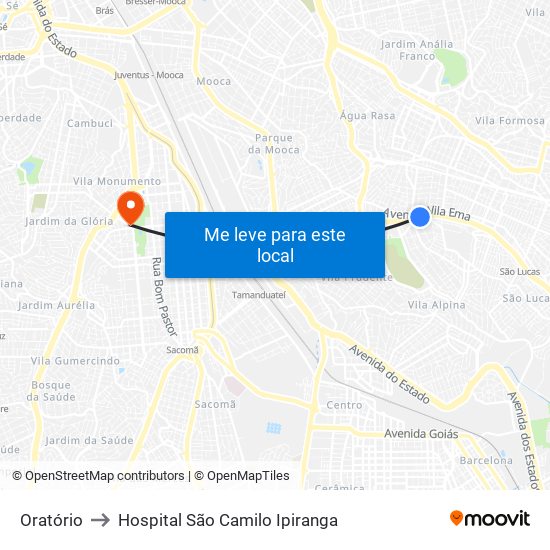 Oratório to Hospital São Camilo Ipiranga map