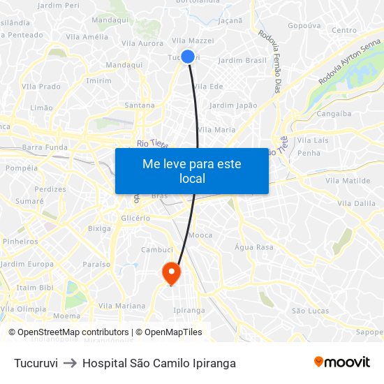 Tucuruvi to Hospital São Camilo Ipiranga map