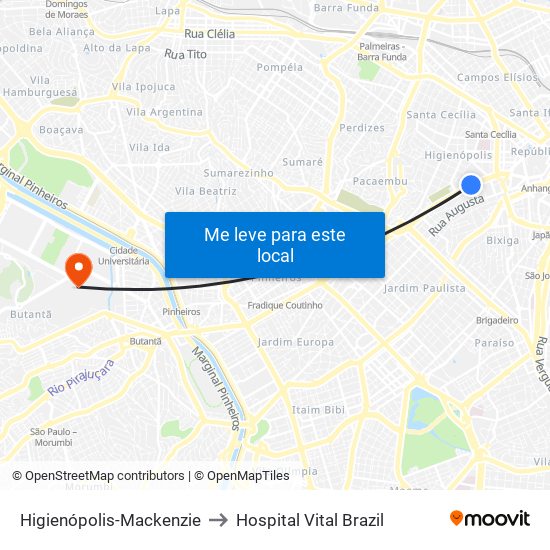 Higienópolis-Mackenzie to Hospital Vital Brazil map