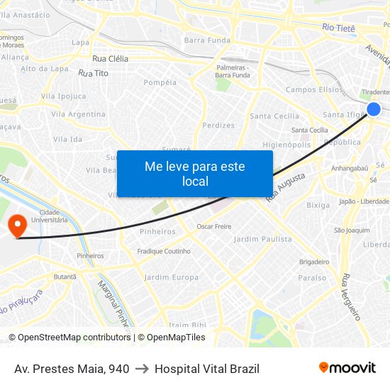 Av. Prestes Maia, 940 to Hospital Vital Brazil map