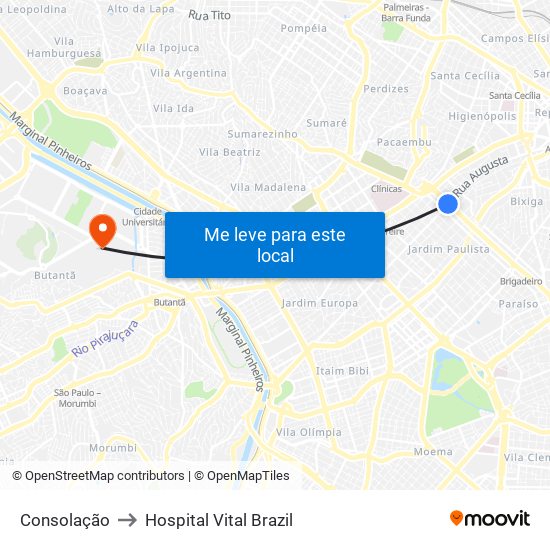 Consolação to Hospital Vital Brazil map