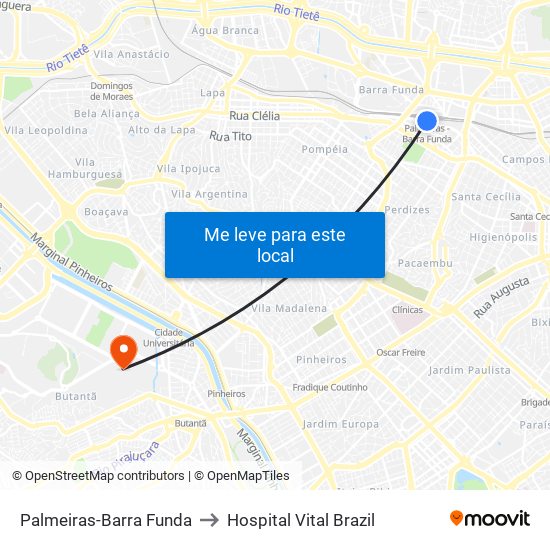 Palmeiras-Barra Funda to Hospital Vital Brazil map