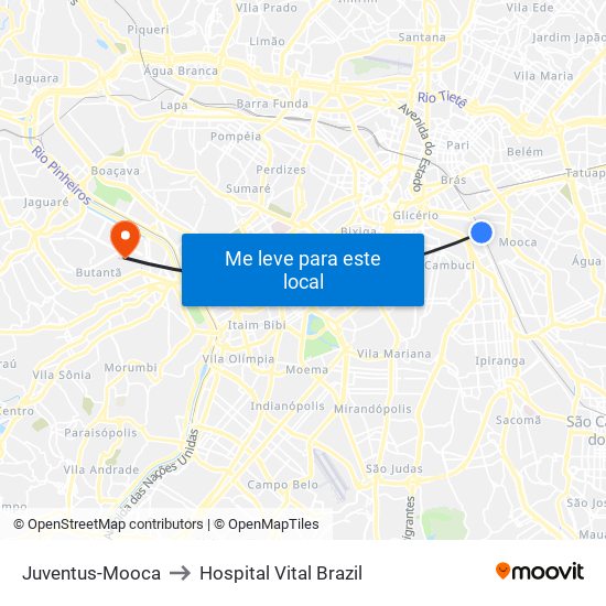 Juventus-Mooca to Hospital Vital Brazil map