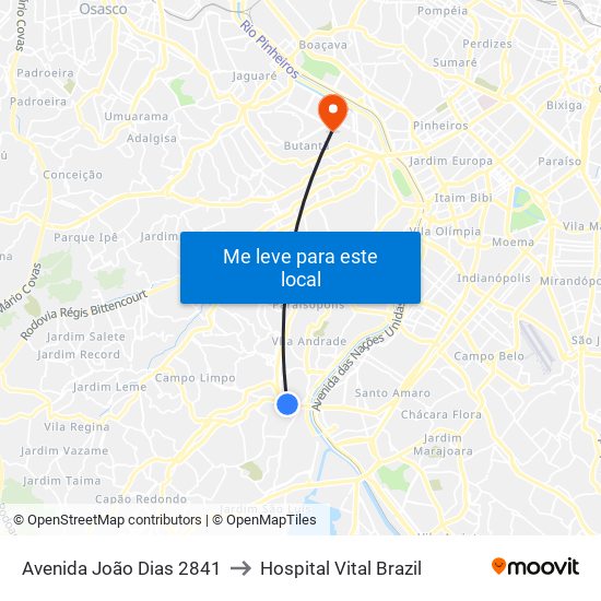 Avenida João Dias 2841 to Hospital Vital Brazil map