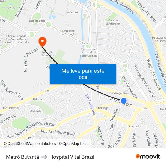 Metrô Butantã to Hospital Vital Brazil map