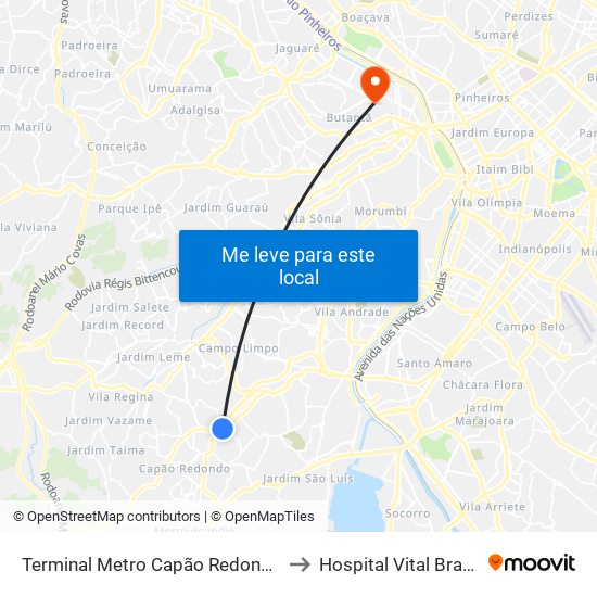 Terminal Metro Capão Redondo to Hospital Vital Brazil map