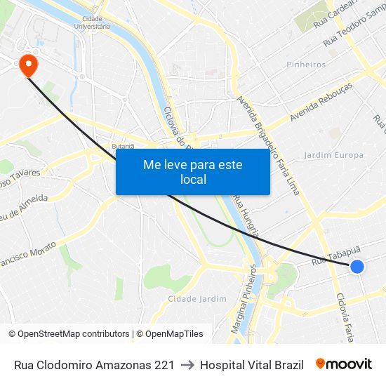 Rua Clodomiro Amazonas 221 to Hospital Vital Brazil map