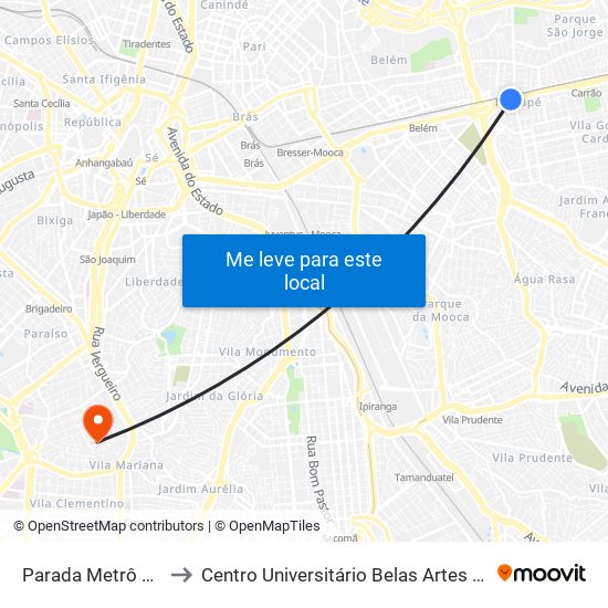 Parada Metrô Tatuapé to Centro Universitário Belas Artes de São Paulo map