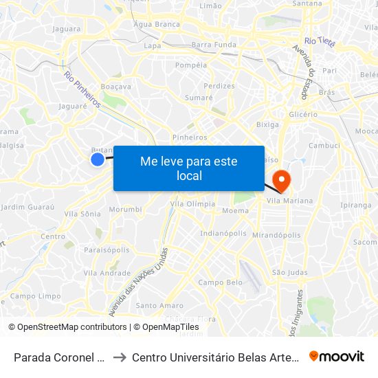 Parada Coronel Camisão to Centro Universitário Belas Artes de São Paulo map