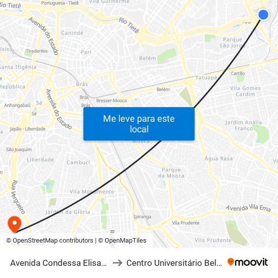Avenida Condessa Elisabeth De Robiano 4810 to Centro Universitário Belas Artes de São Paulo map