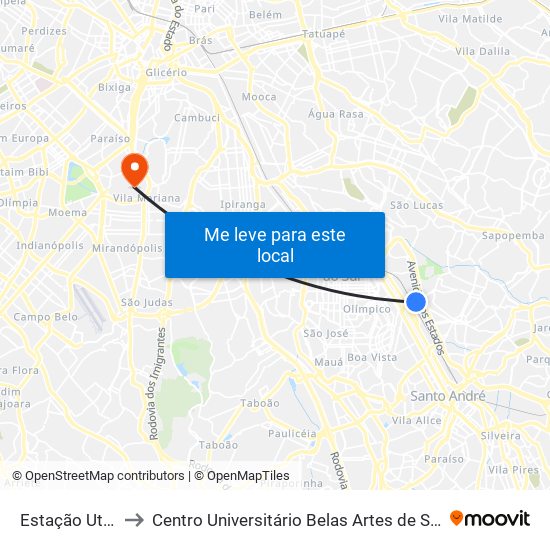 Estação Utinga to Centro Universitário Belas Artes de São Paulo map