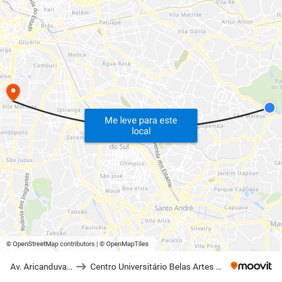 Av. Aricanduva, 9254 to Centro Universitário Belas Artes de São Paulo map