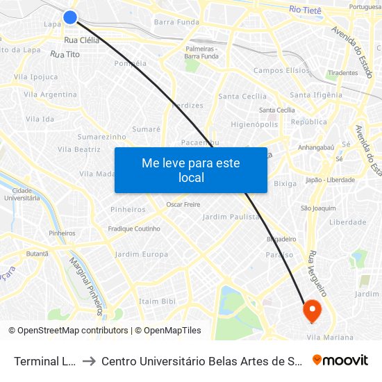 Terminal Lapa to Centro Universitário Belas Artes de São Paulo map