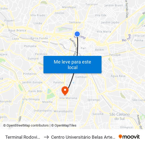 Terminal Rodoviário Tietê to Centro Universitário Belas Artes de São Paulo map