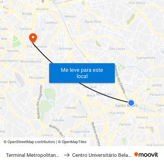 Terminal Metropolitano Santo André Leste to Centro Universitário Belas Artes de São Paulo map