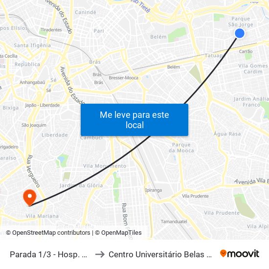 Parada 1/3 - Hosp. Munic. Tatuapé to Centro Universitário Belas Artes de São Paulo map