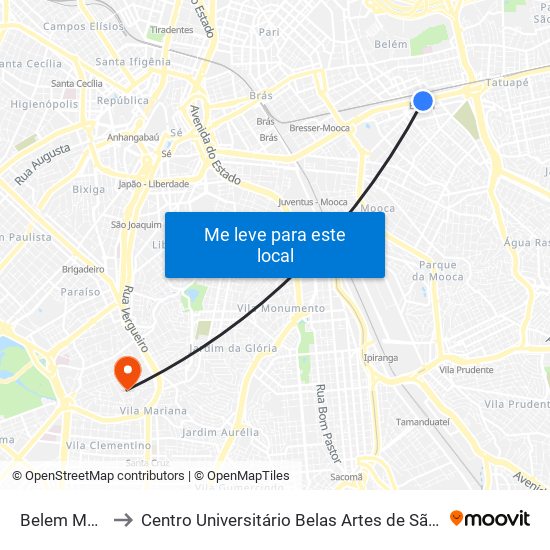 Belem Metro to Centro Universitário Belas Artes de São Paulo map