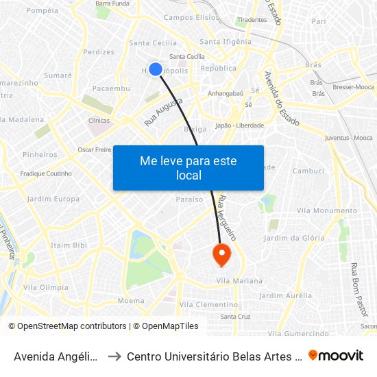 Avenida Angélica 1275 to Centro Universitário Belas Artes de São Paulo map
