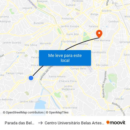 Parada das Belezas B/C to Centro Universitário Belas Artes de São Paulo map