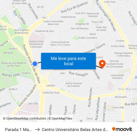 Parada 1 Mac/Usp to Centro Universitário Belas Artes de São Paulo map