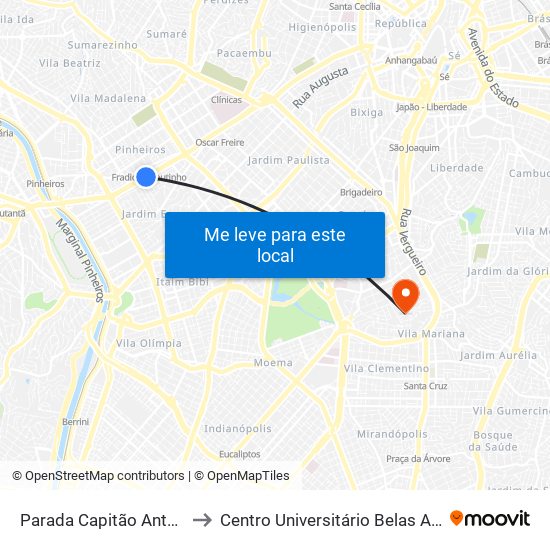 Parada Capitão Antônio Rosa B/C to Centro Universitário Belas Artes de São Paulo map