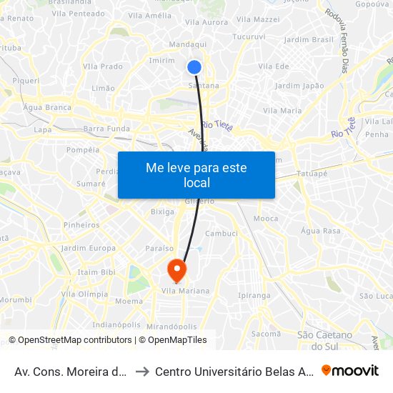 Av. Cons. Moreira de Barros, 728 to Centro Universitário Belas Artes de São Paulo map