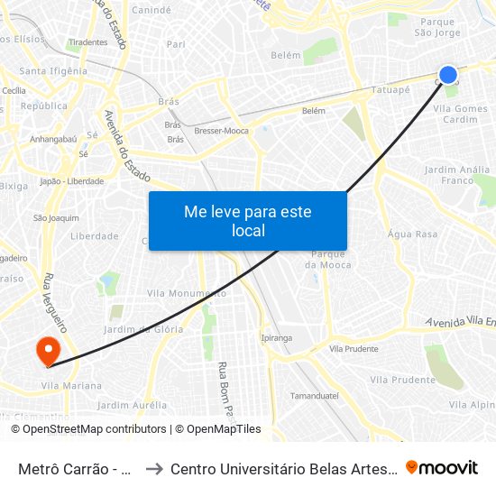 Metrô Carrão - Parada 1 to Centro Universitário Belas Artes de São Paulo map