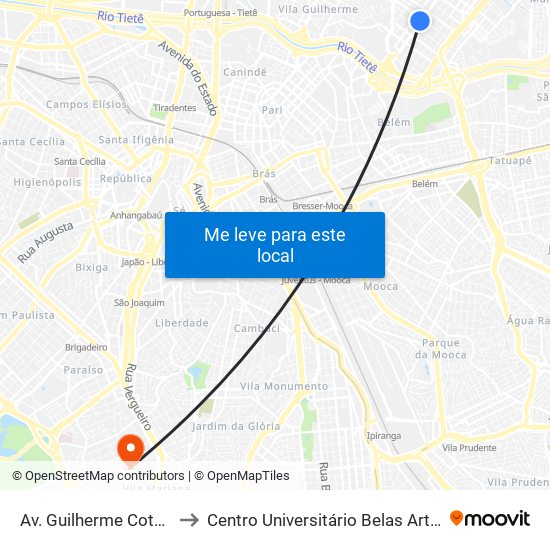 Av. Guilherme Cotching, 1139 to Centro Universitário Belas Artes de São Paulo map