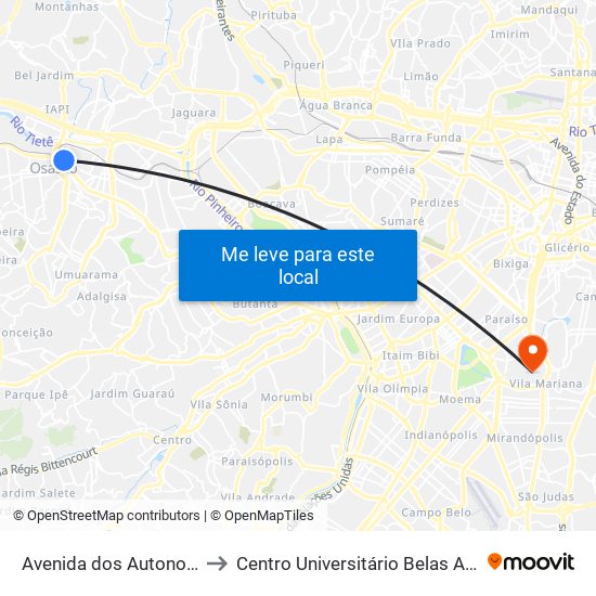 Avenida dos Autonomistas, 4120 to Centro Universitário Belas Artes de São Paulo map