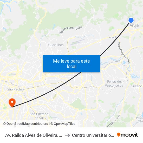 Av. Railda Alves de Oliveira, 27 - Parque Rodrigo Barreto, Arujá to Centro Universitário Belas Artes de São Paulo map