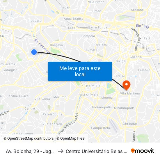 Av. Bolonha, 29 - Jaguaré, São Paulo to Centro Universitário Belas Artes de São Paulo map