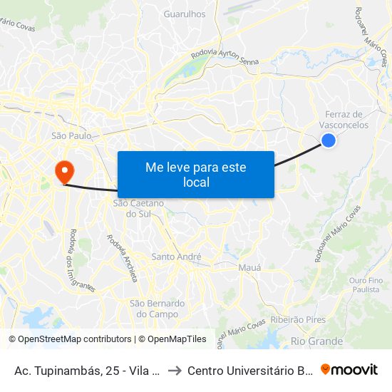 Ac. Tupinambás, 25 - Vila Zita, Ferraz de Vasconcelos to Centro Universitário Belas Artes de São Paulo map