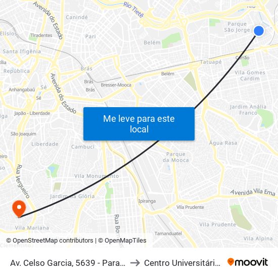 Av. Celso Garcia, 5639 - Parada Retiro 1/2/3 - Maranhão, São Paulo to Centro Universitário Belas Artes de São Paulo map